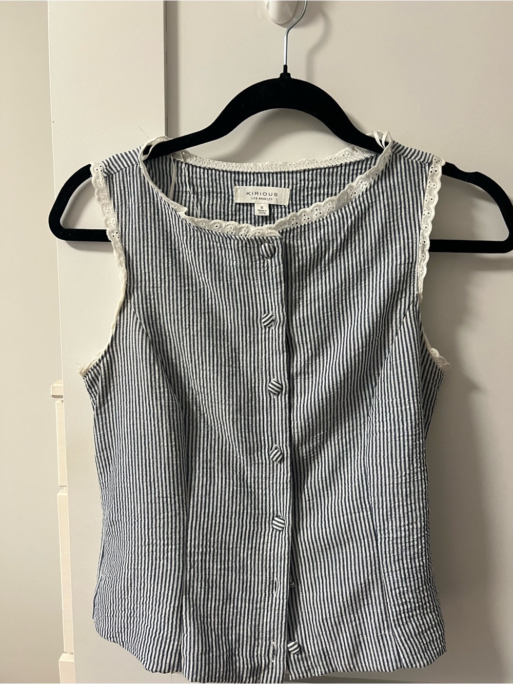 Blue & White Striped Button-Front Lace Trim Tank